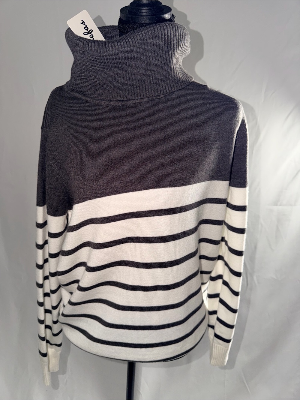 NWT Sucrefas Charcoal & Cream Striped Turtleneck Sweater size XL Preppy Stripes